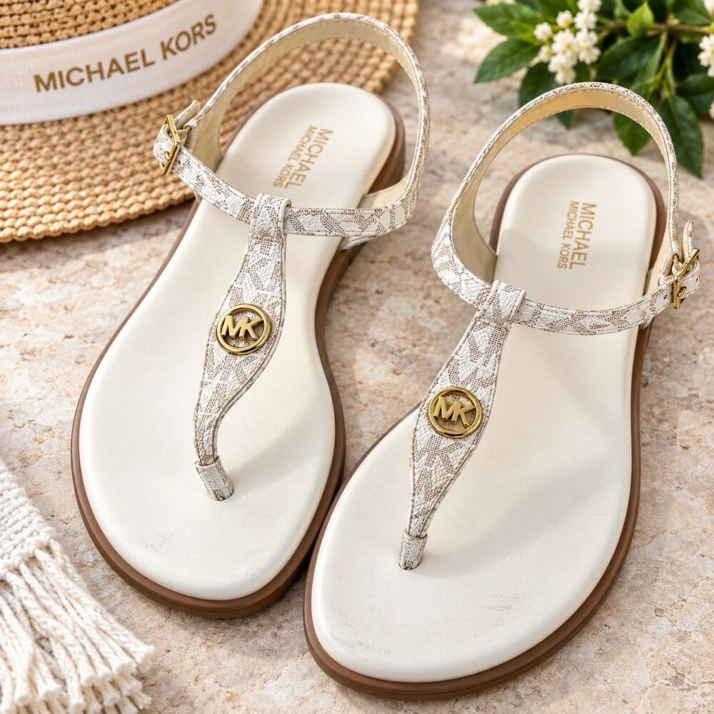 Michael Kors MK Logo Thong Sandals Womens Size 9M Ivory Gold T-Strap Buckle Shoe